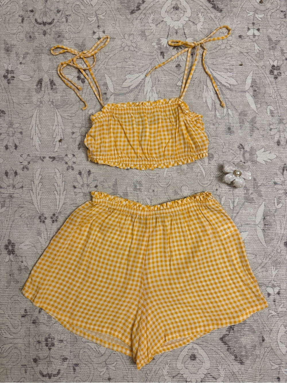 Yellow Gingham Women’s Tie-Shoulder Shorts Set from Dippin’ Daisy’s
